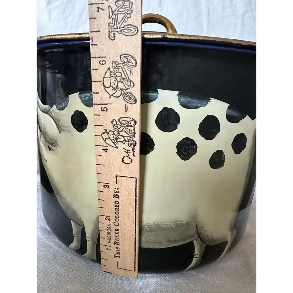 Emma Hunk Hand Painted Enamel Pot PIGS, 2000 vintage black Gold Handles 6.5x10”
